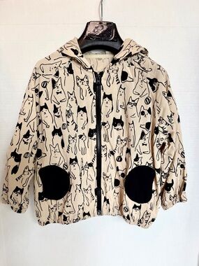 Youthful Cotton Beige lightweight Hooded Jacket with Black Cat Print Like New